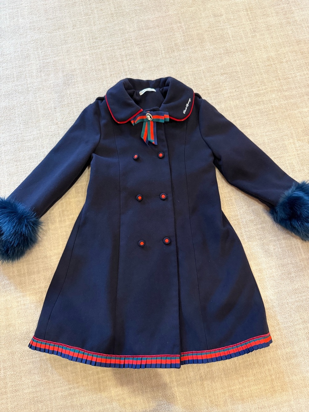 Girls Navy Double-Breasted Pea Coat with Ribbon Trim